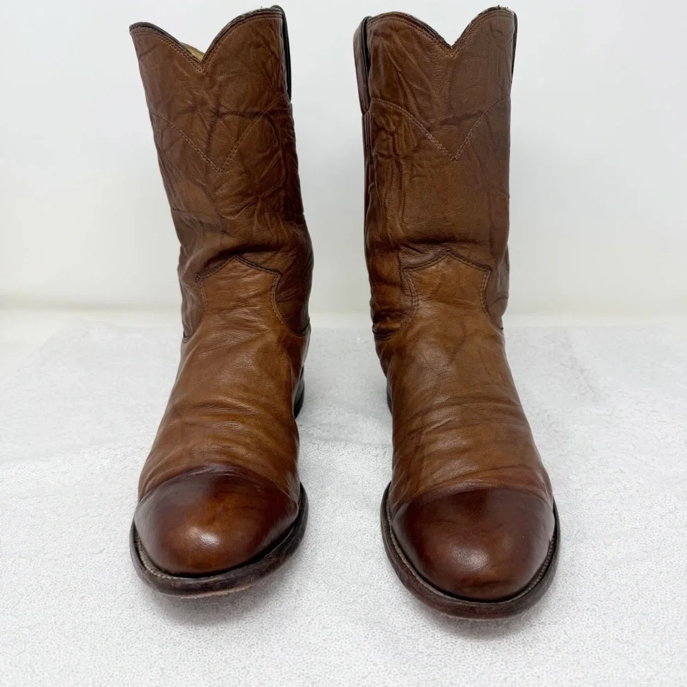 Men’s Justin USA Brown Leather Round Toe western Roper Cowboy boots 91/2D